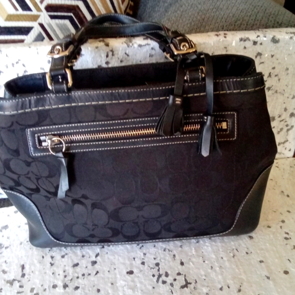 COACH Signature Satchel Leather Canvas Tote Shoulder Bag Black